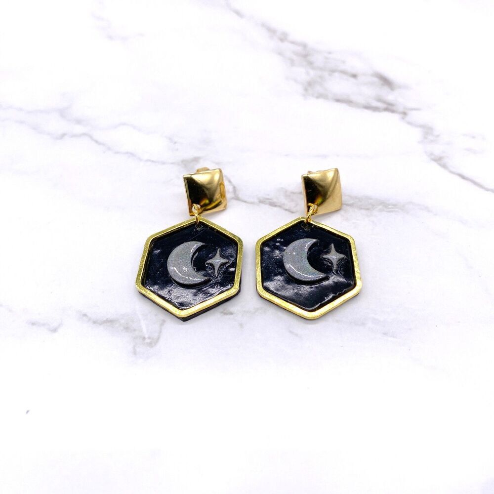 Black Holographic Celestial Crescent Moon Dangle Stud Earrings - Picture 2 of 15